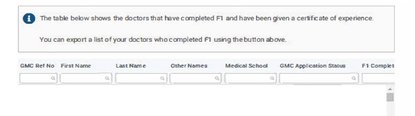 Screenshot of the 'doctors who completed F1' export options