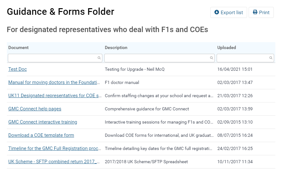 Screenshot showing the 'guidance and forms' options
