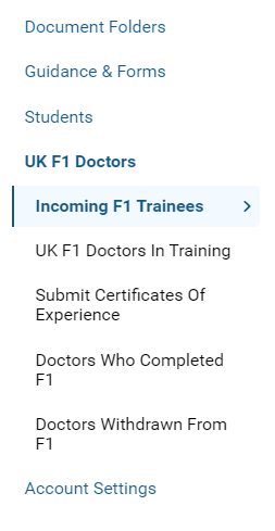 Screenshot of the 'Incoming F1 trainees' section of the 'UK F1 doctors' section