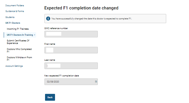 Screenshot showing the 'expected F1 completion date changed' confirmation