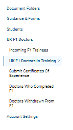 Screenshot showing the 'UK F1 doctors in training' section of  the UK F1 doctors menu item