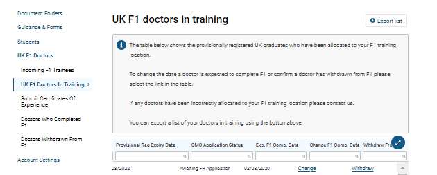Screenshot of the 'UK F1 doctors in training' section
