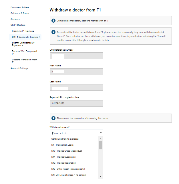 Screenshot of the 'withdraw a doctor from F1' screen