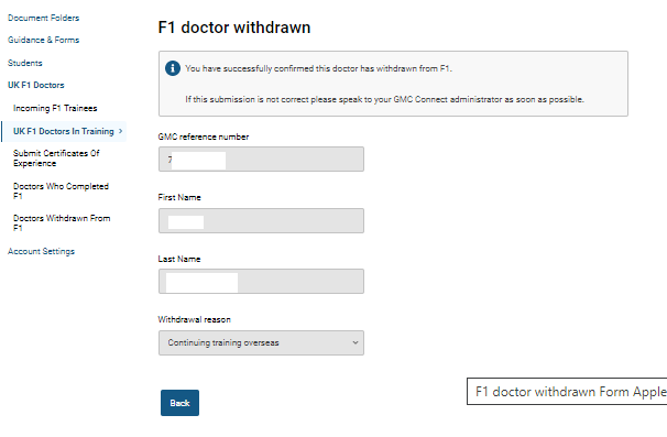 Screenshot of the 'F1 doctor withdrawn' confirmation screen