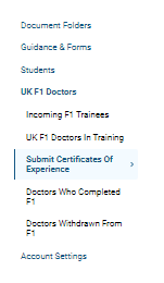 Screenshot of the 'submit certificates of experience' menu item