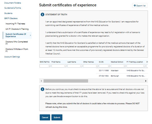 Screenshot of the 'submit certificates of experience' confirmation