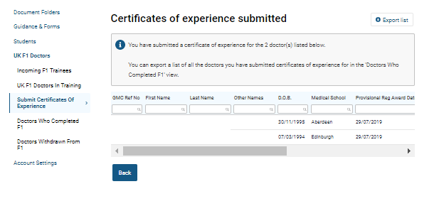 Screenshot of the 'submit certificates of experience' confirmation