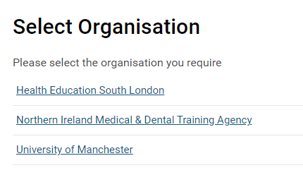Screenshot of the 'select organisation' section