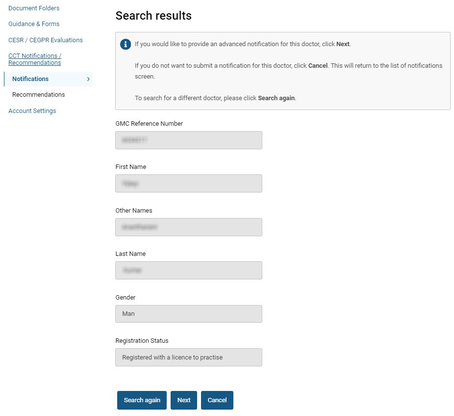 Screenshot from the GMC Connect search results page