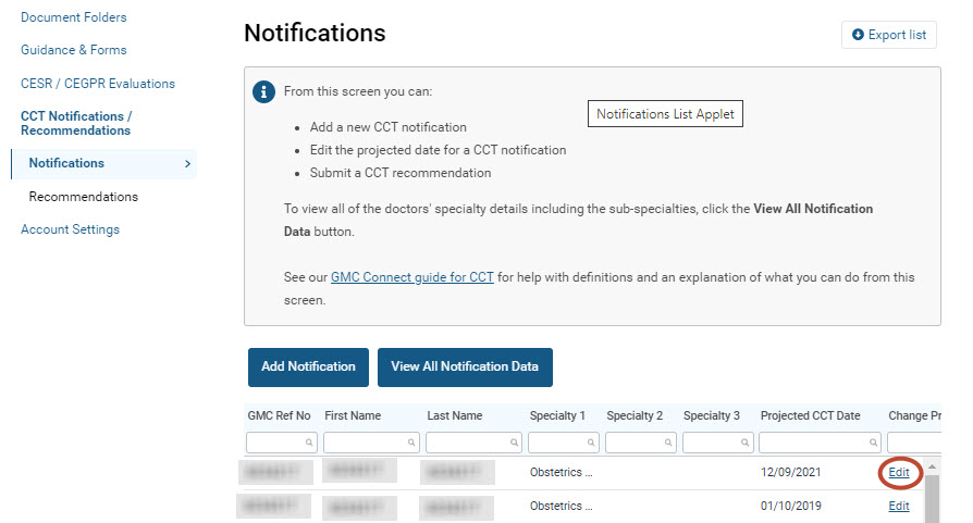 Screenshot from GMC Connect showing the notifications section and the options for adding/editing notifications