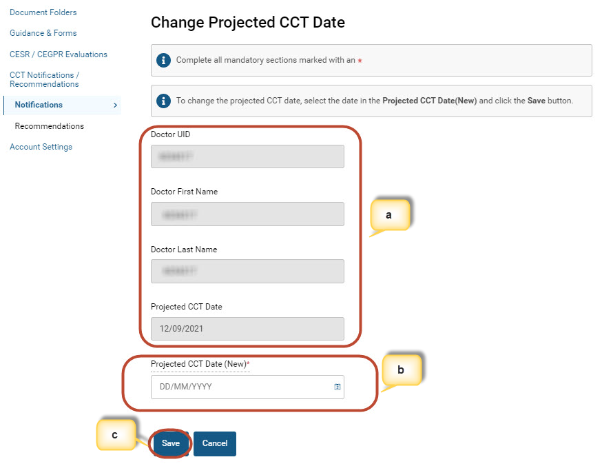Screenshot from the 'change projected CCT date' screen from GMC Connect 