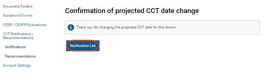 Screenshot from the 'confirmation of projected CCT date change' screen from GMC Connect 