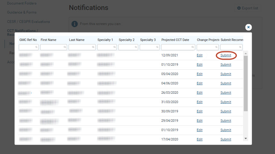 Screenshot from GMC Connect of the notifications list and the option to submit