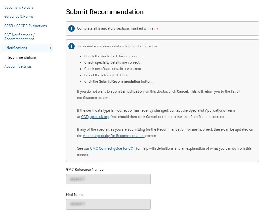 Screenshot from the 'submit recommendation' screen of GMC Connect 