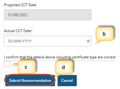 Screenshot from GMC Connect highlighting the options to complete for 'actual CCT date'