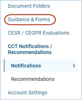 Screenshot from GMC Connect highlighting the 'guidance and forms' option in the main menu