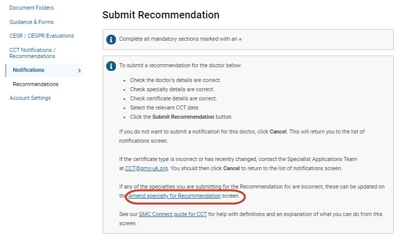 Screenshot from the 'submit recommendation' screen of GMC Connect