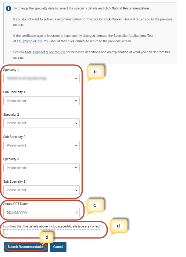 Screenshot from the 'submit recommendation' screen of GMC Connect showing the fields to complete
