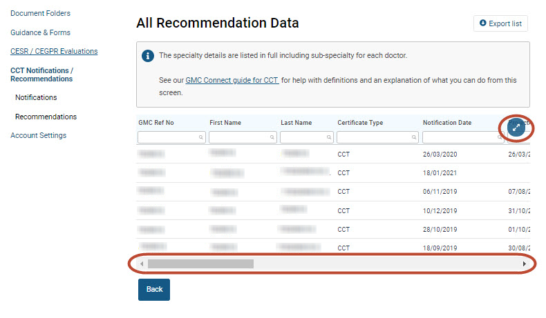 Screenshot from the 'all recommendation data' screen of GMC Connect