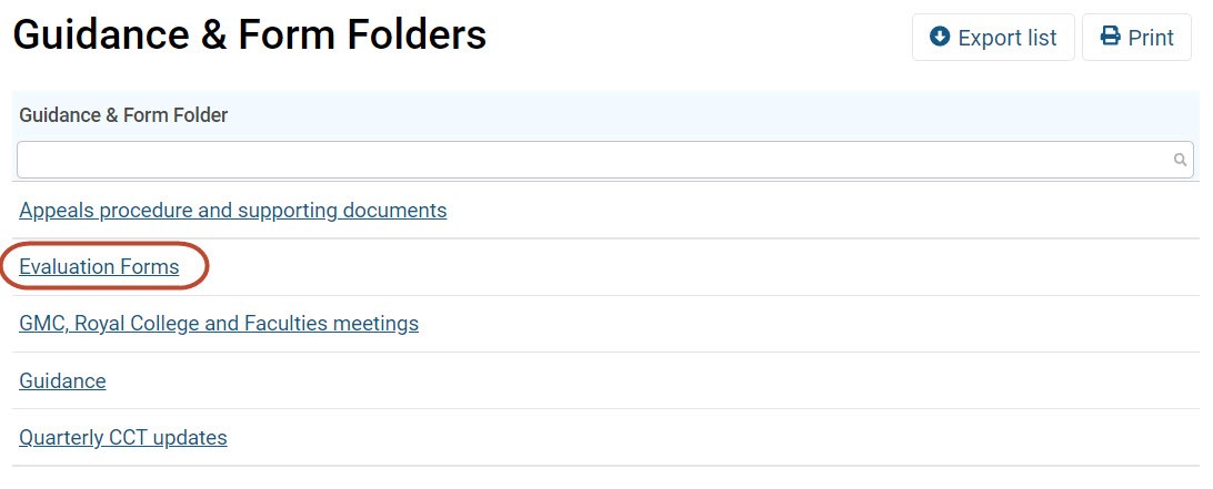 Screenshot from the 'guidance and form folders' screen of GMC Connect highlighting 'evaluation forms'