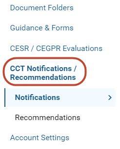 Screenshot of the 'CCT notifications / recommendations' option within the main menu