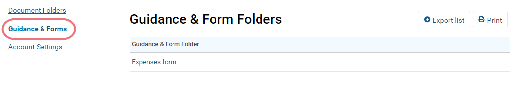Screenshot of the 'guidance and form folders' section of the menu