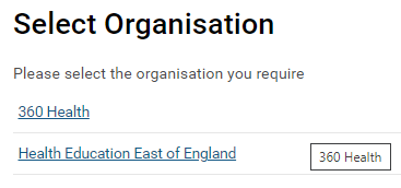 Screenshot showing the 'select organisation' options