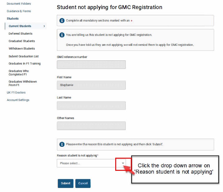 Screenshot of the 'student not applying for GMC registration' screen, highlighting the 'reason' drop-down
