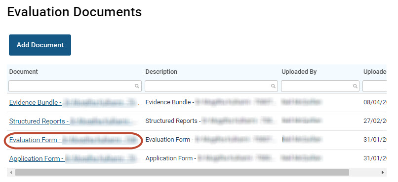 Screenshot of the 'evaluation documents' section of GMC Connect