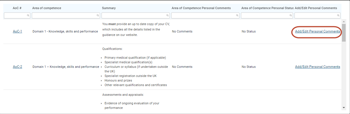 Screenshot of the evidence table showing where you can view or add comments to items of evidence