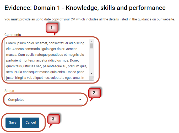 Screenshot of the section where you can add your comments about an item of evidence