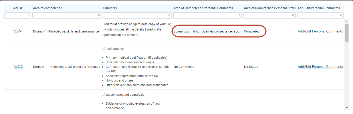 Screenshot of the evidence table with some sample comments added