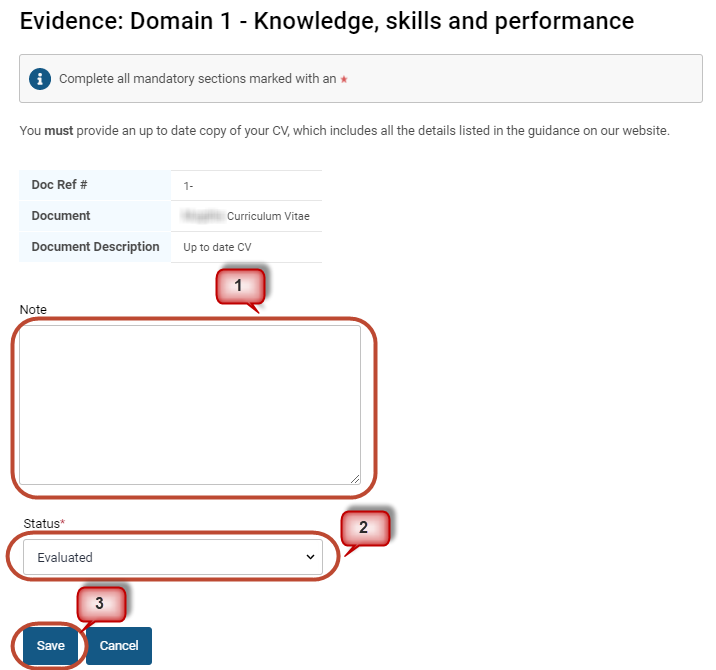 Screenshot of the section where you can add your comments about an item of evidence