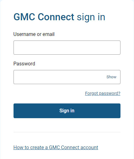 The GMC Connect sign in screen