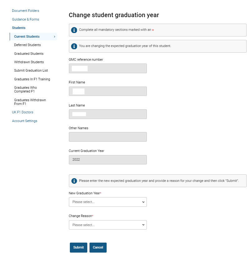 Screenshot of the 'change student graduation year' from GMC Connect