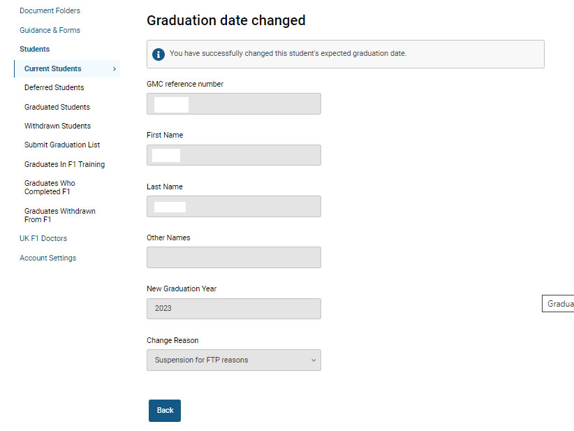 The 'graduation date changed' screen in GMC Connect