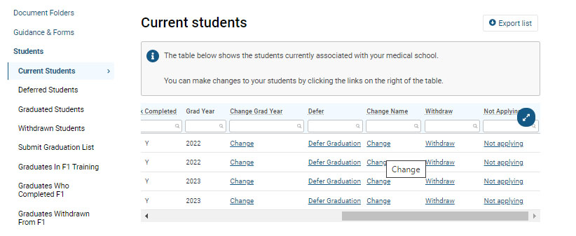 Screenshot of the 'current students' section of GMC Connect