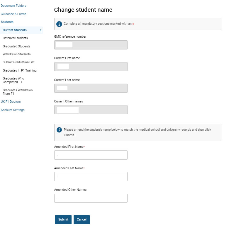 Screenshot of the 'change student name' area of the students section