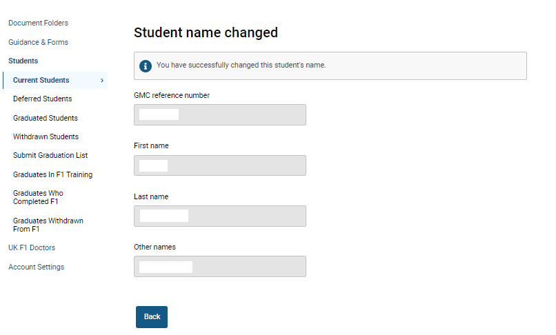Screenshot showing confirmation of the student name change