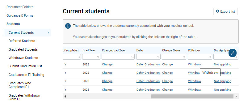 Screenshot showing the 'current students' area, highlighting the 'withdraw' option
