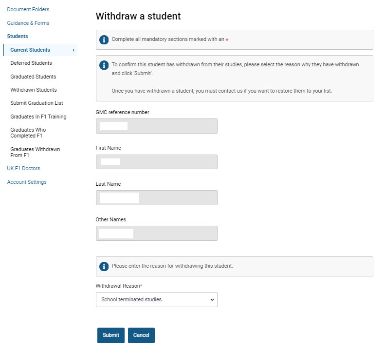 Screenshot of the 'withdraw a student' section