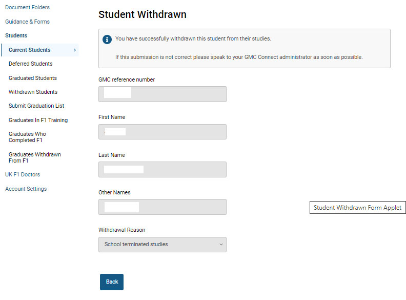 Screenshot of the 'student withdrawn' confirmation screen