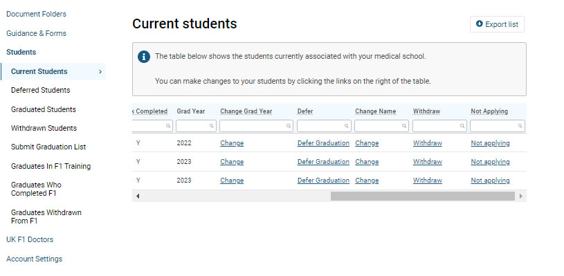 Screenshot of the 'current students' section of GMC Connect