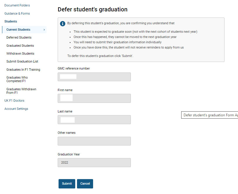 Screenshot showing the 'defer student's graduation' screen