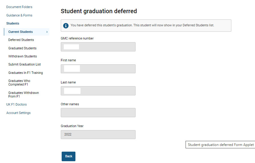 Screenshot of the 'student graduation deferred' confirmation screen