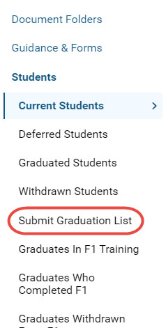 Screenshot of the GMC Connect menu highlighting the 'Submit graduation list' item