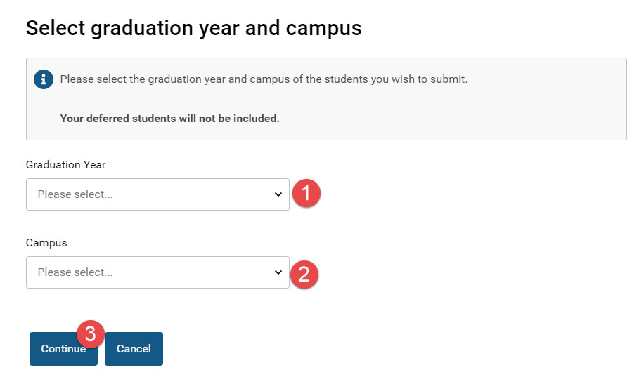 Screenshot of the 'select graduation year and campus' screen