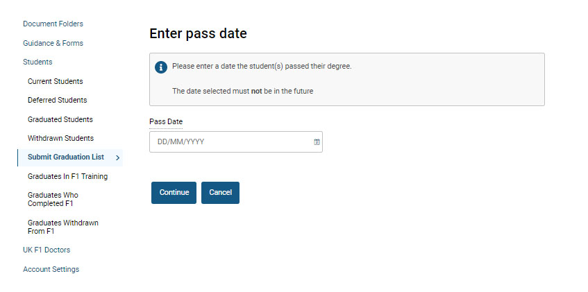 Screenshot showing the 'enter pass date' screen