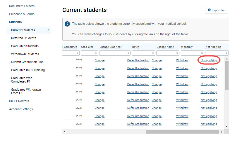 Screenshot of the 'current students' section of GMC Connect, highlighting the 'not applying' link