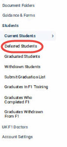 Screenshot of the GMC Connect menu highlighting the 'deferred students' item with the students section